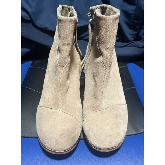 TOMS Lunata Desert Taupe Brown Bootie Suede Leather Stack Heel Ankle Boot 6.5 - Picture 1 of 12